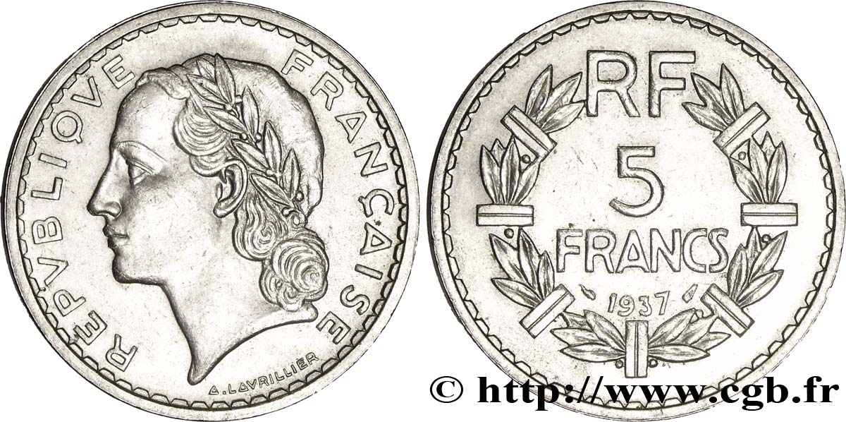 5 francs Lavrillier, nickel 1937  F.336/6 AU55 