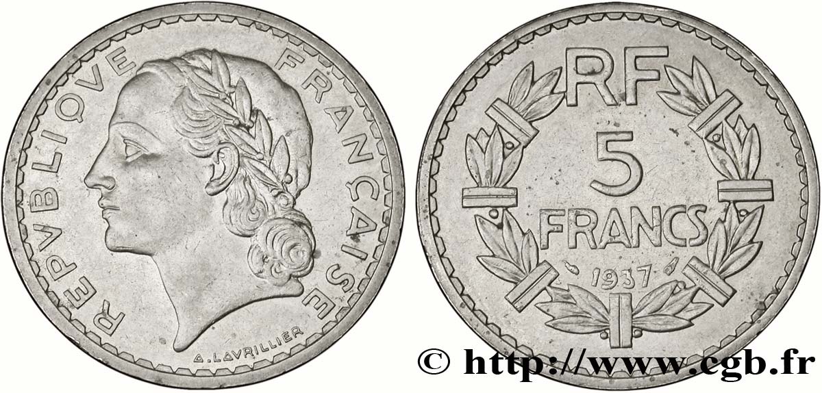 5 francs Lavrillier, nickel 1937  F.336/6 TTB50 