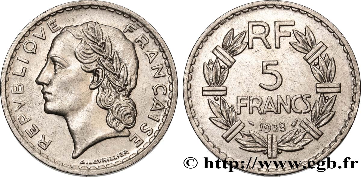 5 francs Lavrillier, nickel 1938  F.336/7 VZ55 