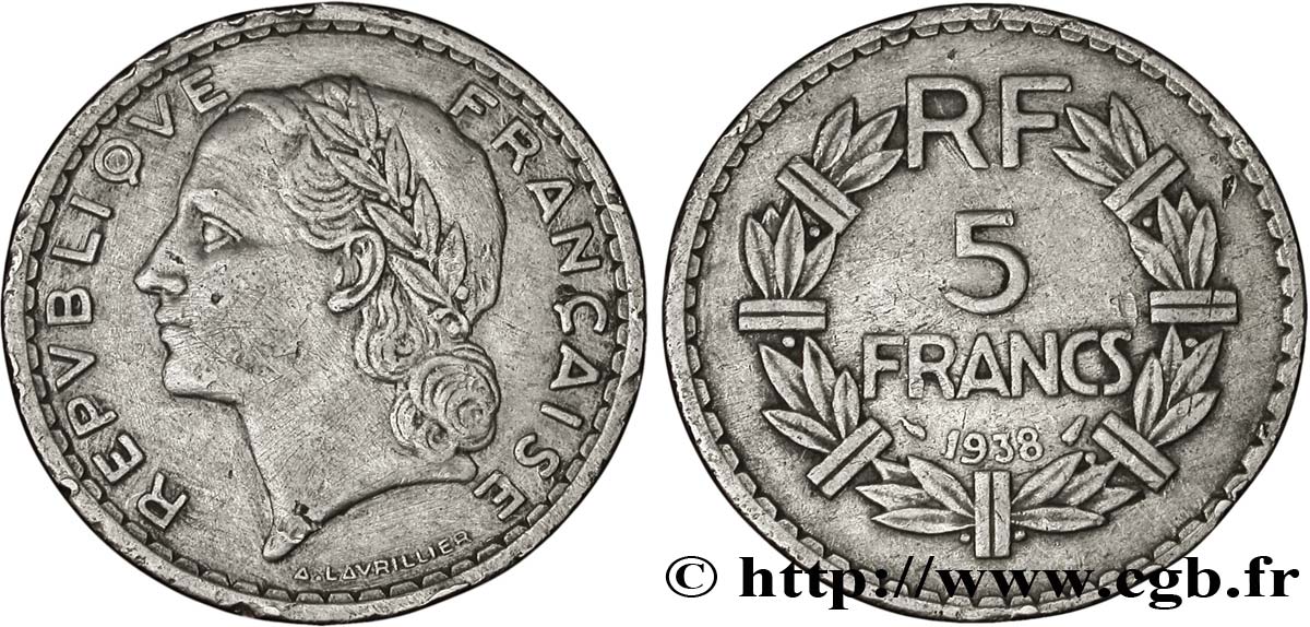 5 francs Lavrillier, nickel 1938  F.336/7 XF40 