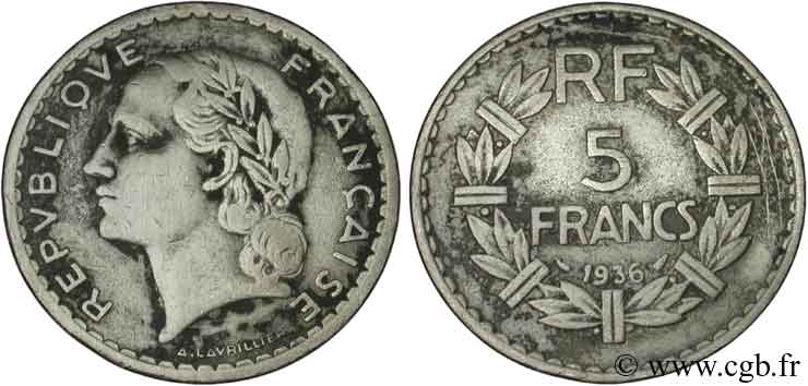 5 francs Lavrillier, nickel 1936  F.336/5 TB20 