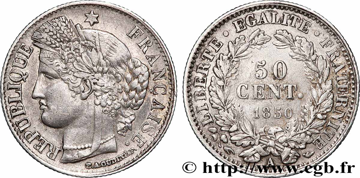 50 centimes Cérès, IIe République 1850 Paris F.184/2 TB+ 