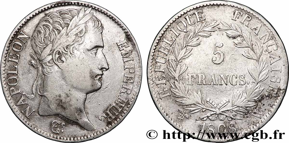 5 francs Napoléon Empereur, République française 1808 Lille F.306/15 TTB 