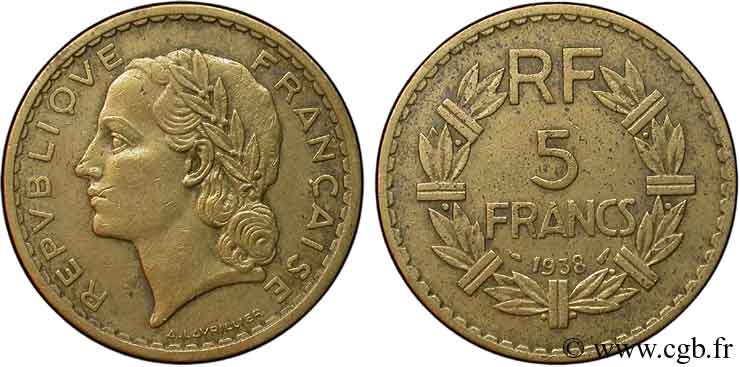 5 francs Lavrillier, bronze-aluminium 1938  F.337/1 TTB40 