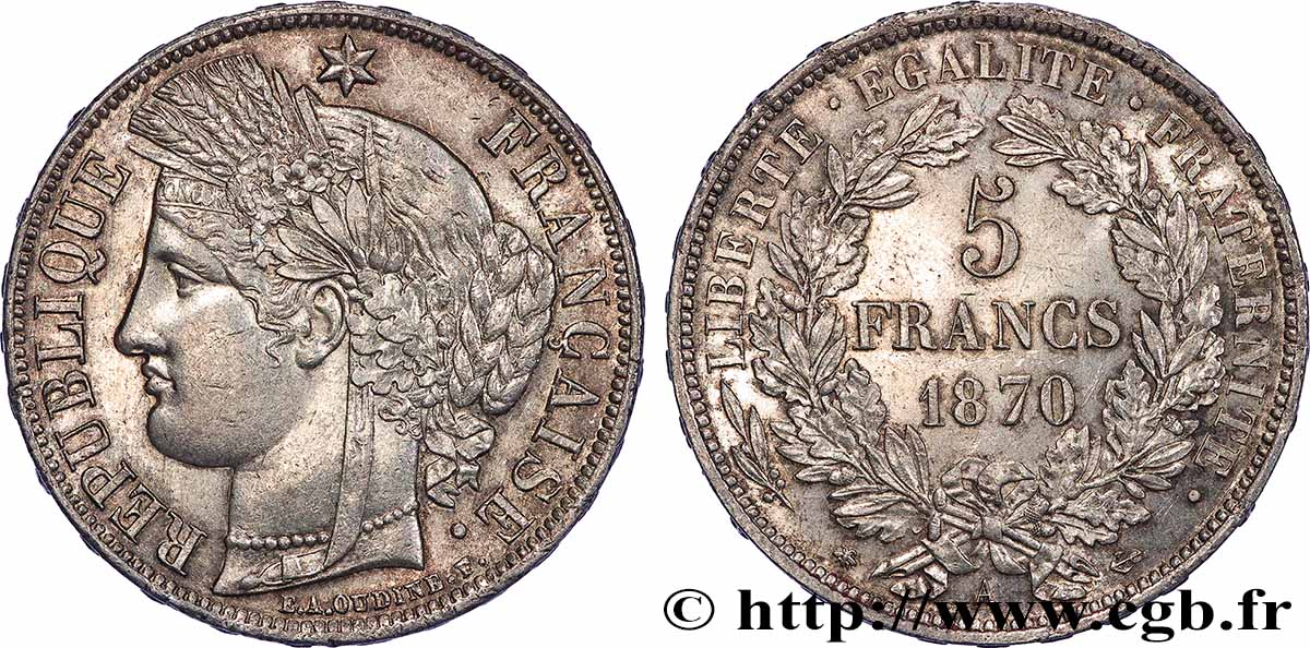 5 francs Cérès, avec légende 1870 Paris F.333/1 SUP+ 