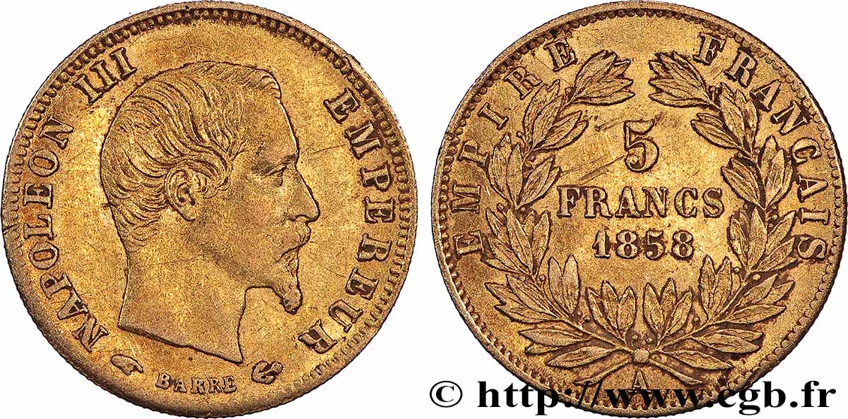 5 francs or Napoléon III, tête nue, grand module 1858 Paris F.501/5 q.BB 