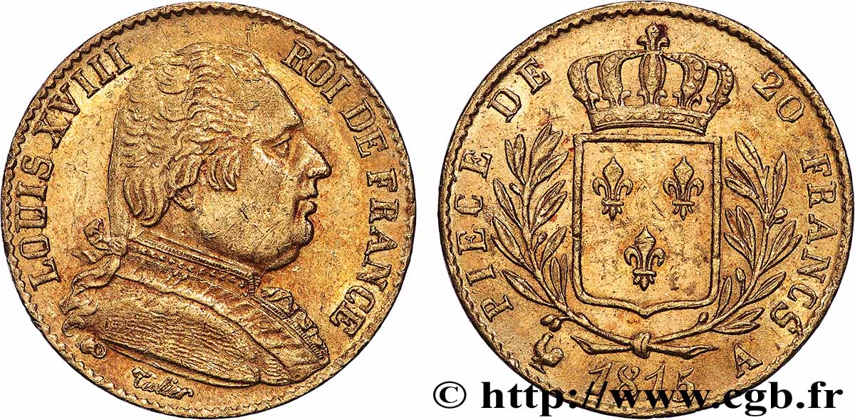 20 francs or Louis XVIII, buste habillé 1815 Paris F.517/10 XF 