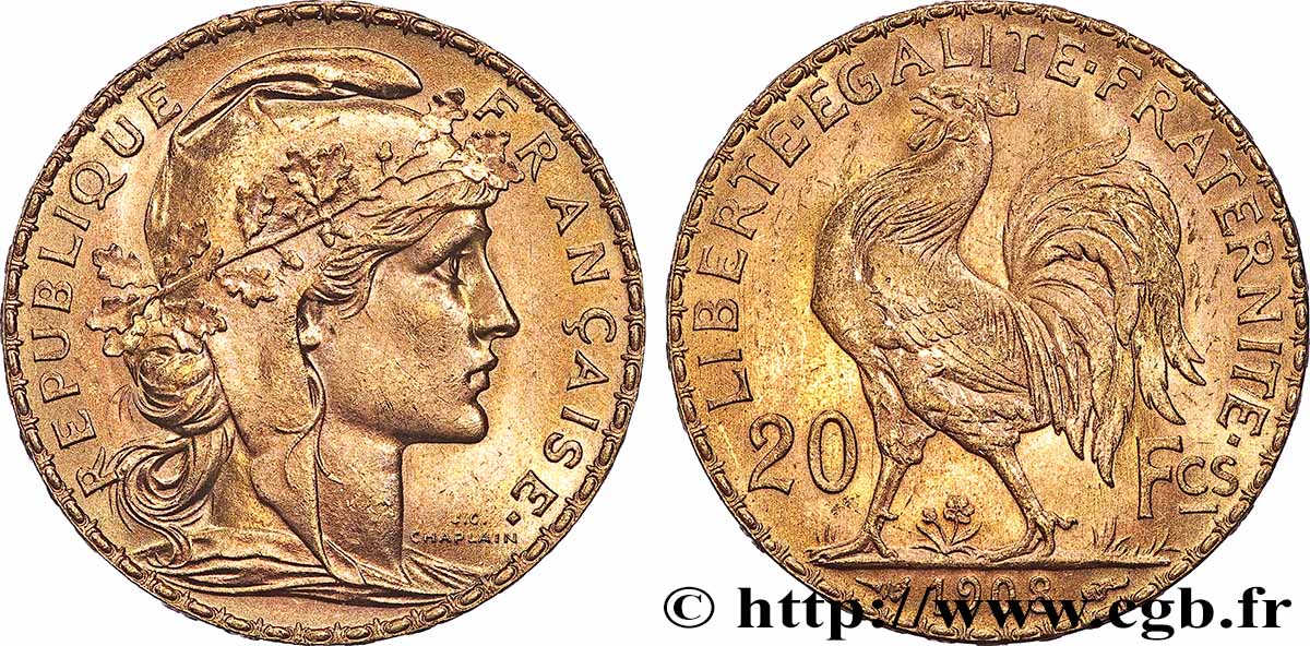 20 francs or Coq, Liberté Égalité Fraternité 1908 Paris F.535/2 TTB+ 