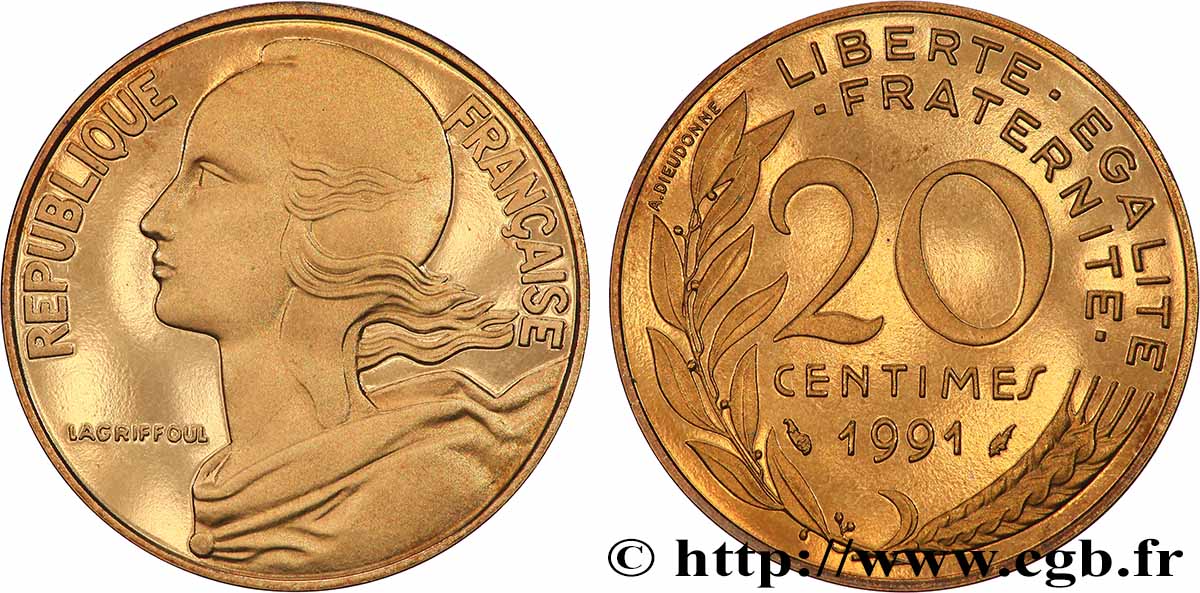 20 centimes Marianne, BE (Belle Épreuve) 1991 Pessac F.156/31 var. FDC 