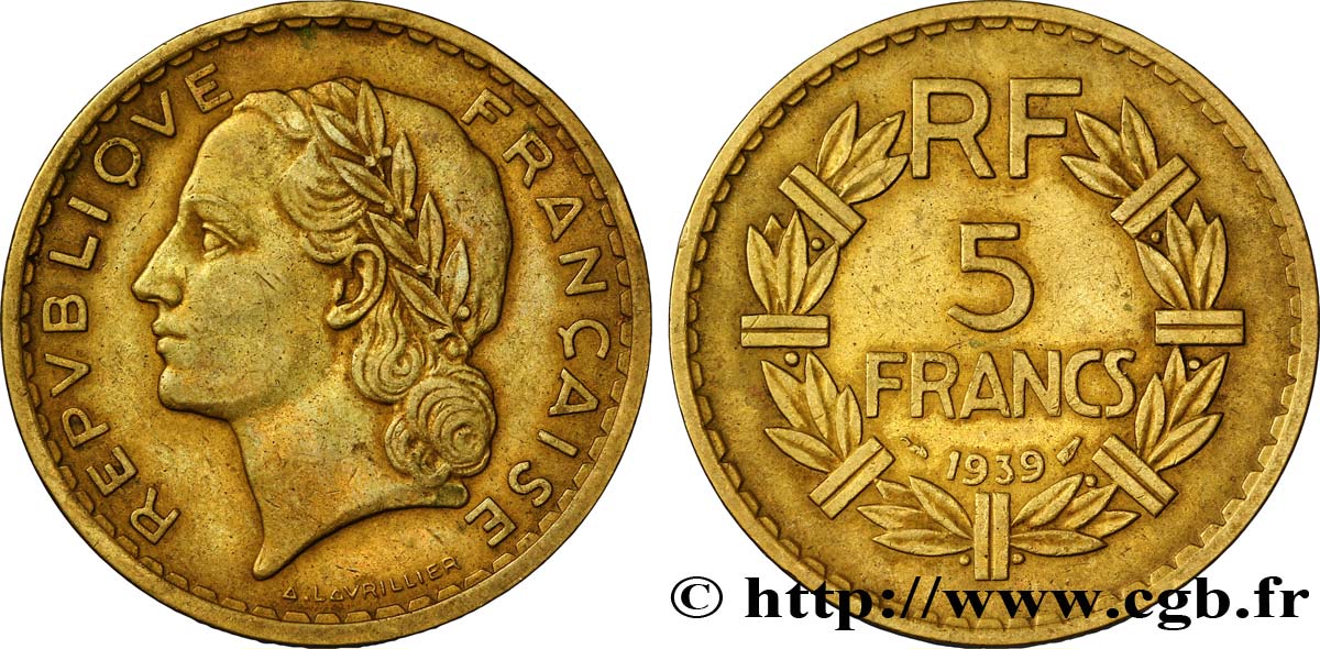 5 francs Lavrillier, bronze-aluminium 1939  F.337/3 TTB45 