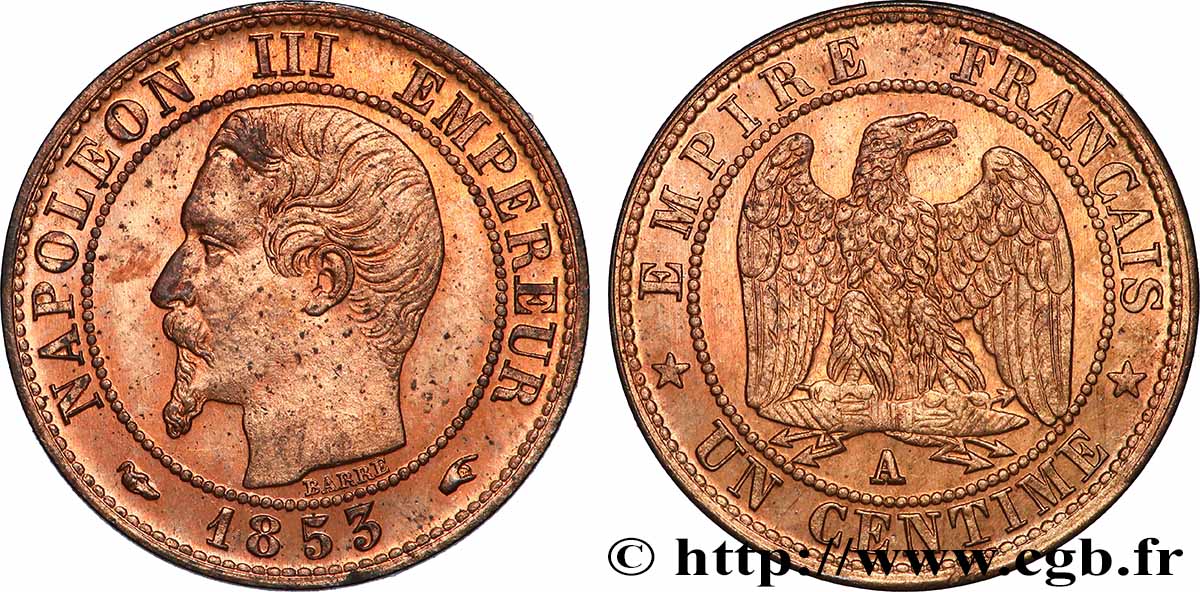 Un centime Napoléon III, tête nue 1853 Paris F.102/1 SPL63 