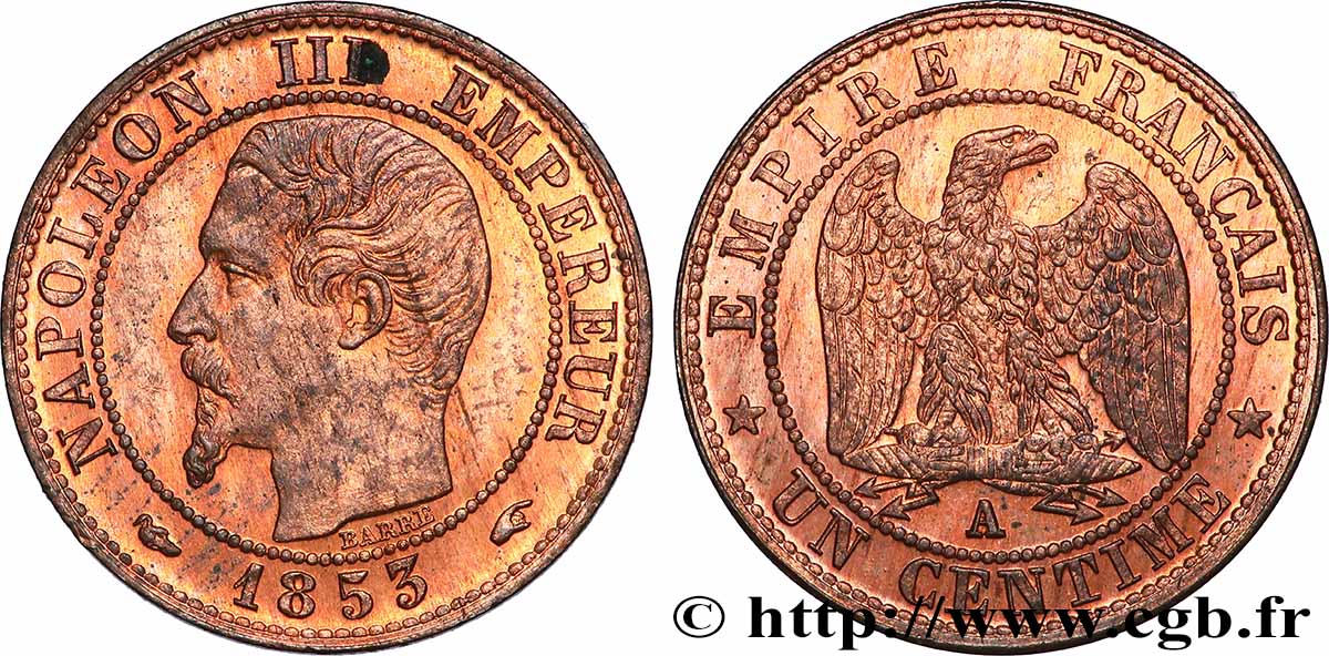 Un centime Napoléon III, tête nue 1853 Paris F.102/1 SPL63 