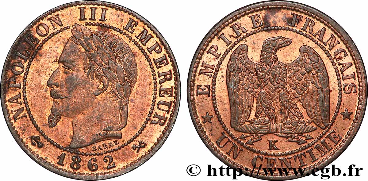 Un centime Napoléon III, tête laurée 1862 Bordeaux F.103/7 SUP62 