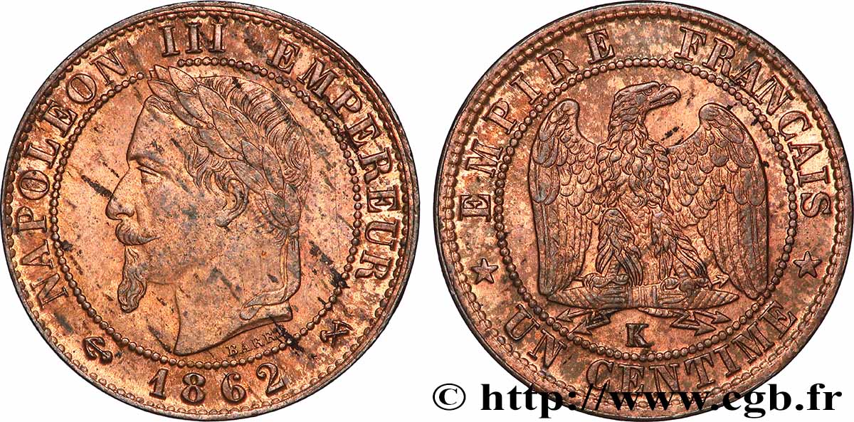 Un centime Napoléon III, tête laurée 1862 Bordeaux F.103/7 SUP62 