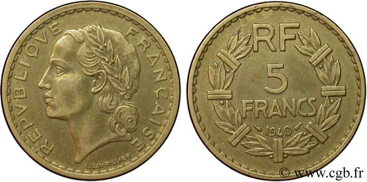 5 francs Lavrillier, bronze-aluminium 1940  F.337/4 XF40 