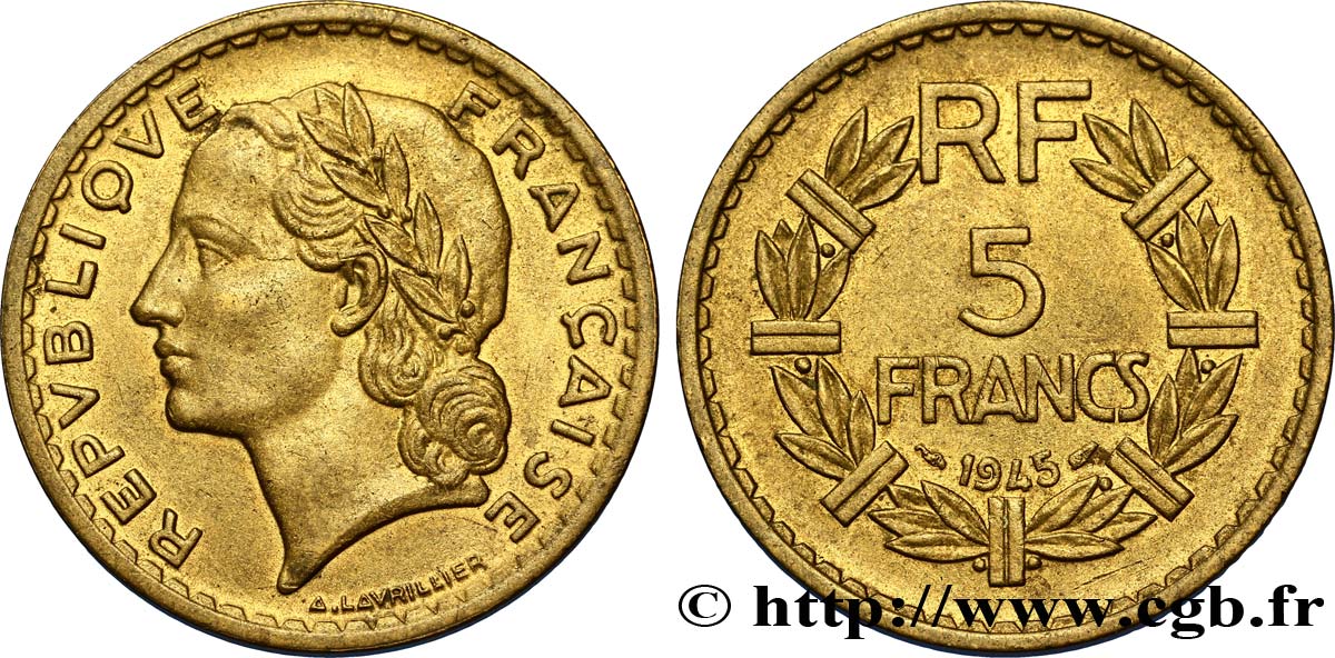 5 francs Lavrillier, bronze-aluminium 1945  F.337/5 TTB53 