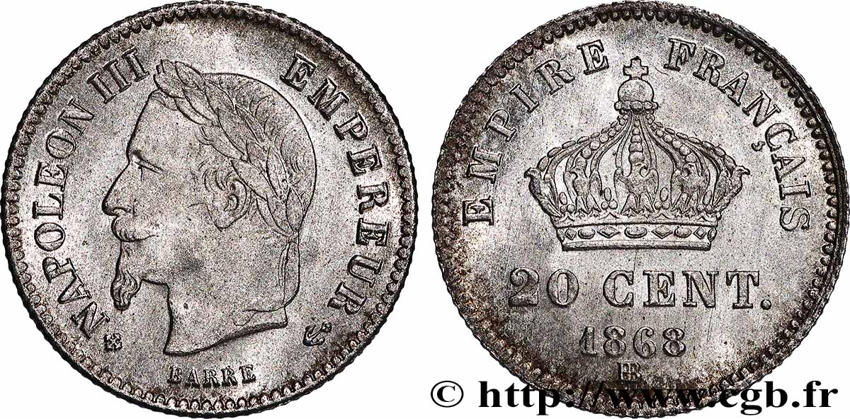 20 centimes Napoléon III, tête laurée, grand module 1868 Strasbourg F.150/5 MS 