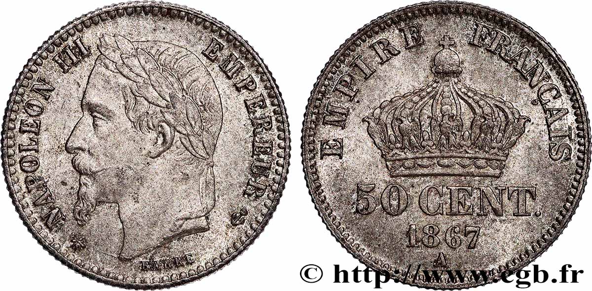 50 centimes Napoléon III, tête laurée 1867 Paris F.188/13 MS63 