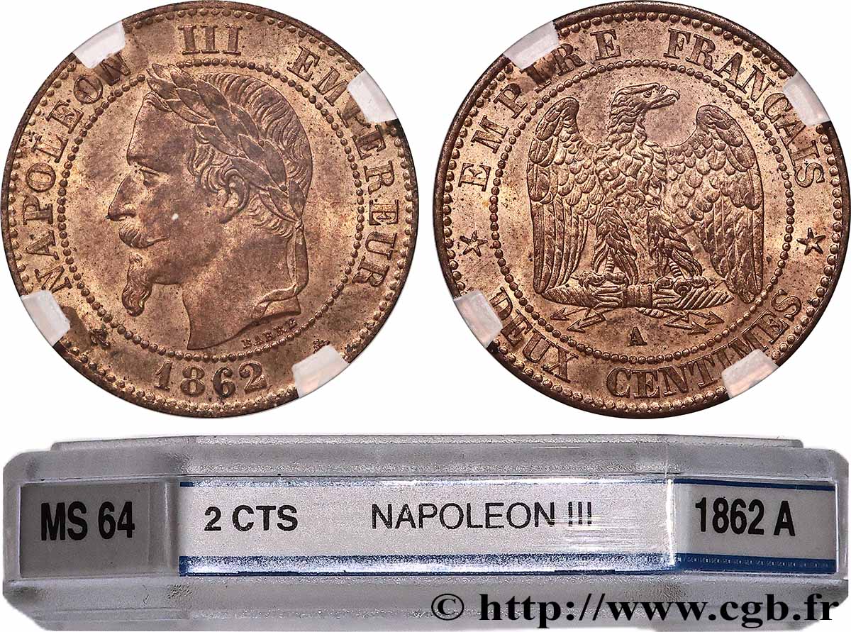 Deux centimes Napoléon III, tête laurée, buste définitif 1862 Paris F.108A/4 MS64 PCGS