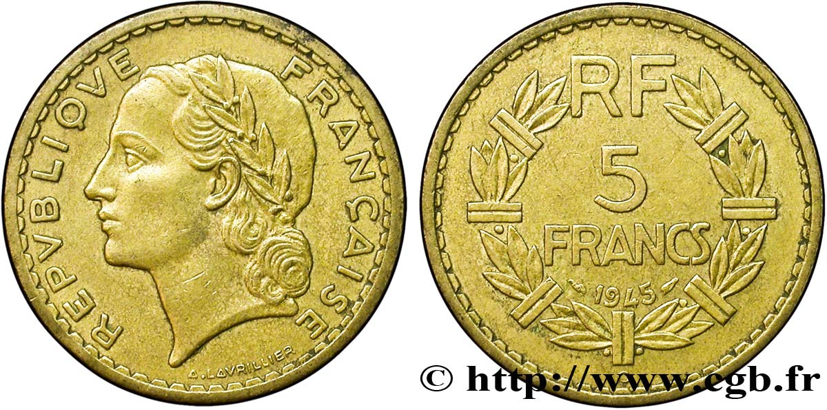 5 francs Lavrillier, bronze-aluminium 1945 Castelsarrasin F.337/6 MBC50 