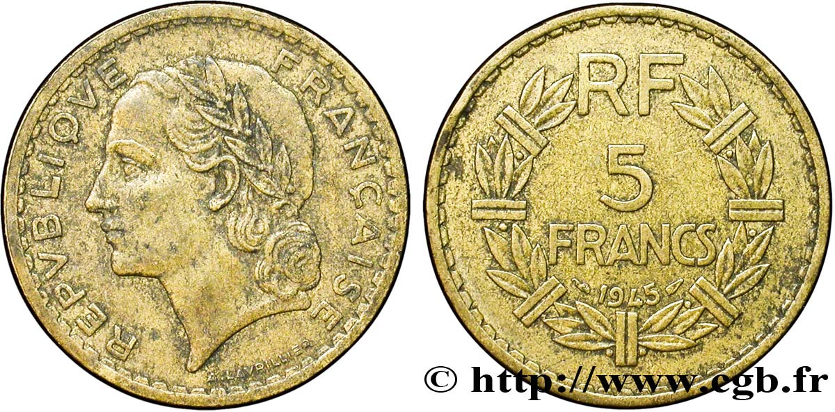 5 francs Lavrillier, bronze-aluminium 1945 Castelsarrasin F.337/6 TB30 