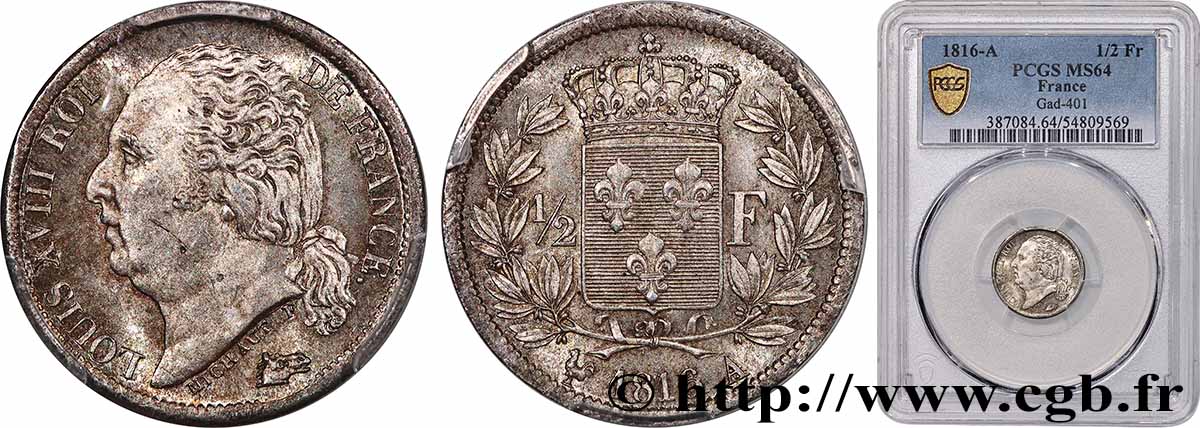 1/2 franc Louis XVIII 1816 Paris F.179/1 MS64 PCGS