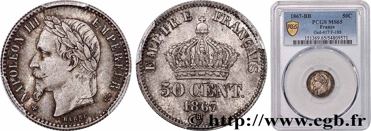 50 centimes Napoléon III, tête laurée 1867 Strasbourg F.188/15 MS65 PCGS