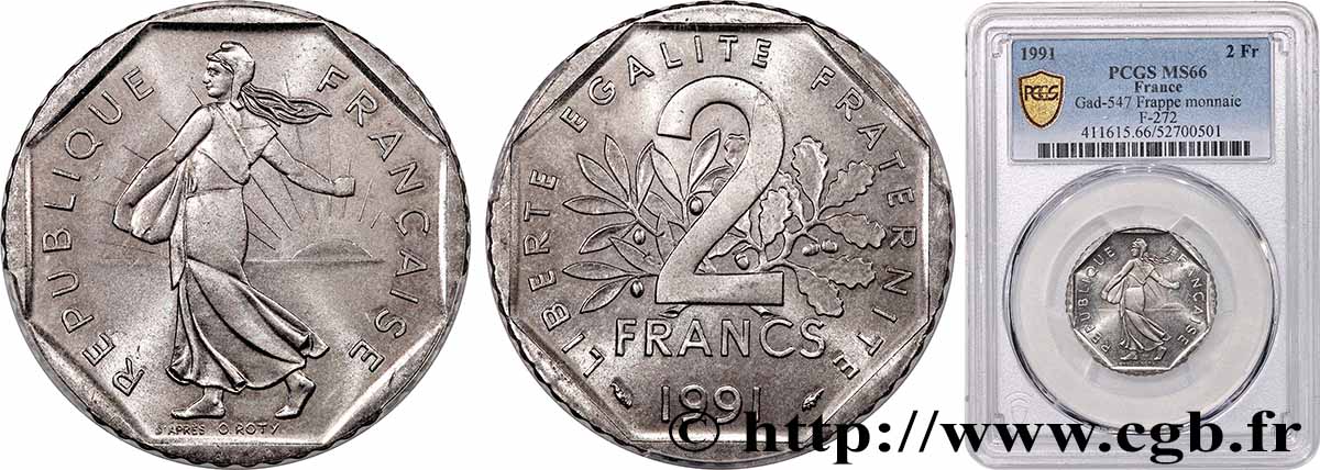 2 francs Semeuse, nickel, frappe monnaie 1991 Pessac F.272/15 MS66 PCGS