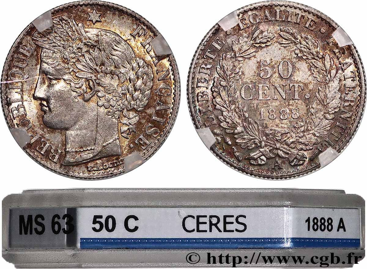 50 centimes Cérès, Troisième République 1888 Paris F.189/13 MS63 GENI