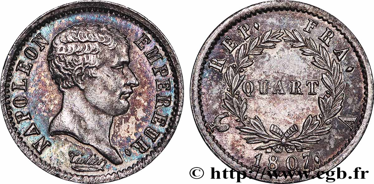 Quart (de franc) Napoléon Empereur, tête de nègre 1807 Paris F.160/1 AU 