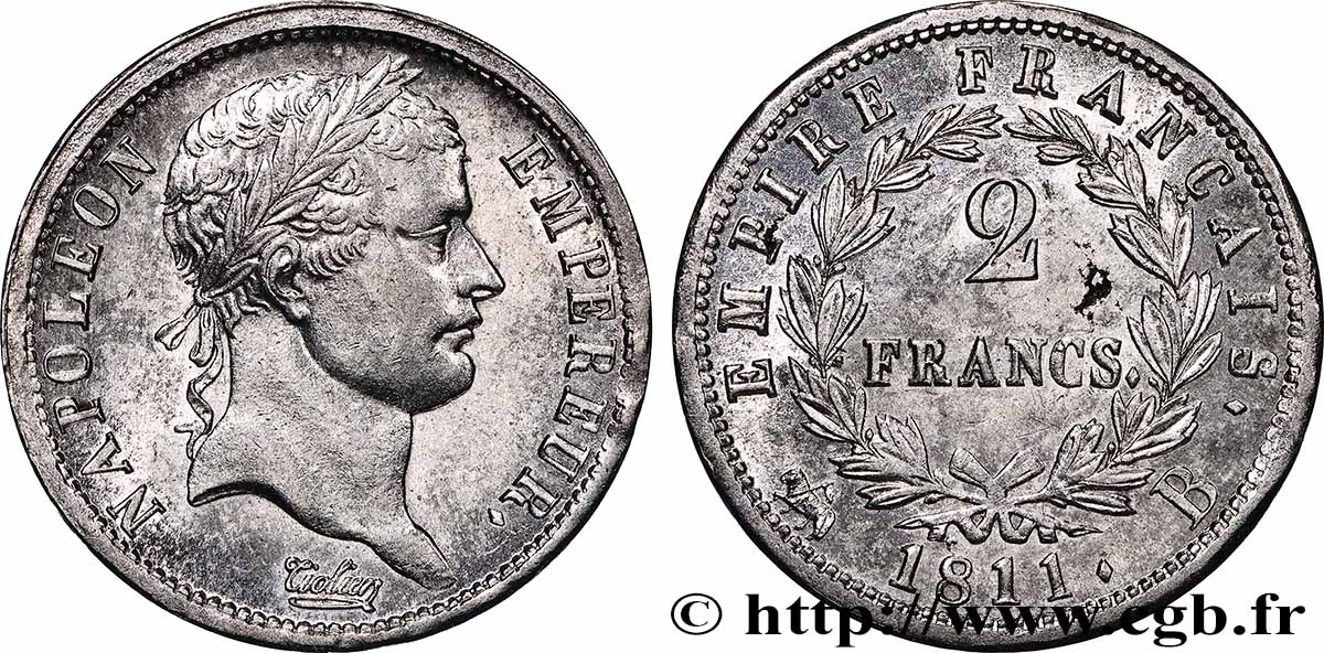 2 francs Napoléon Ier tête laurée, Empire français 1811 Rouen F.255/25 AU 