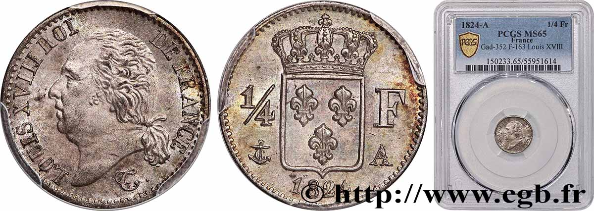 1/4 franc Louis XVIII 1824 Paris F.163/31 MS65 PCGS