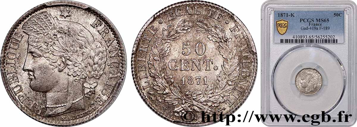 50 centimes Cérès, IIIe République 1871 Bordeaux F.189/2 MS65 PCGS