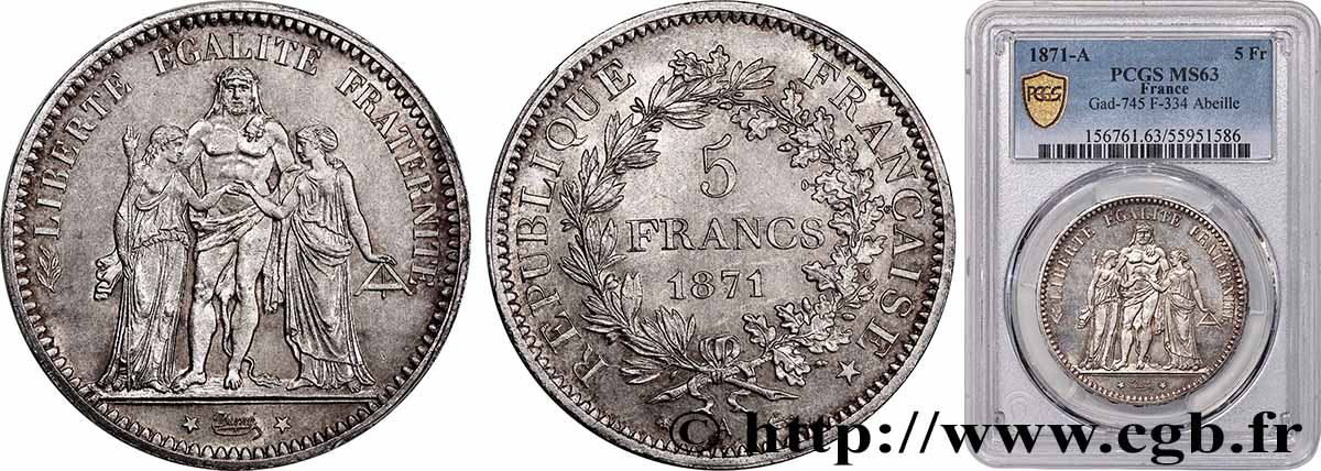 5 francs Hercule 1871 Paris F.334/2 MS63 PCGS
