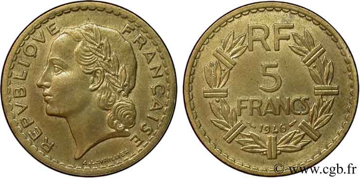 5 francs Lavrillier, bronze-aluminium 1946  F.337/7 TTB53 