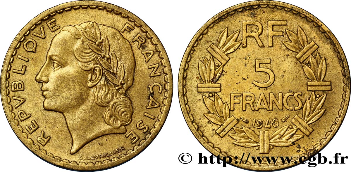 5 francs Lavrillier, bronze-aluminium 1946 Castelsarrasin F.337/8 AU50 