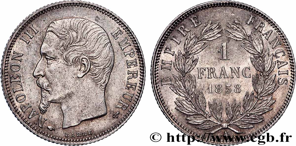 1 franc Napoléon III, tête nue 1858 Paris F.214/11 SUP55 