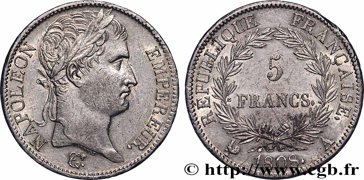 5 francs Napoléon Empereur, République française 1808 Paris F.306/2 TTB+ 