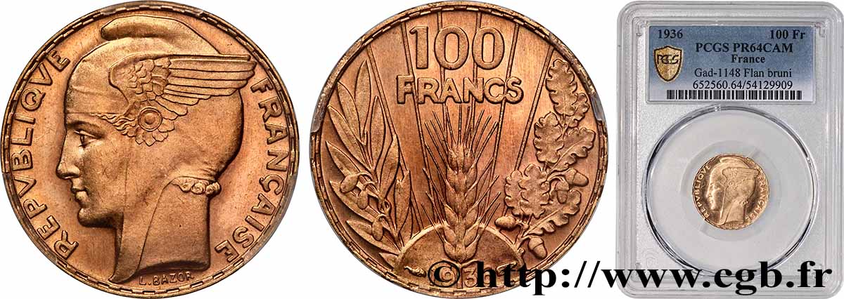 100 francs or, Bazor, flan bruni 1936  F.554/9 MS64 PCGS