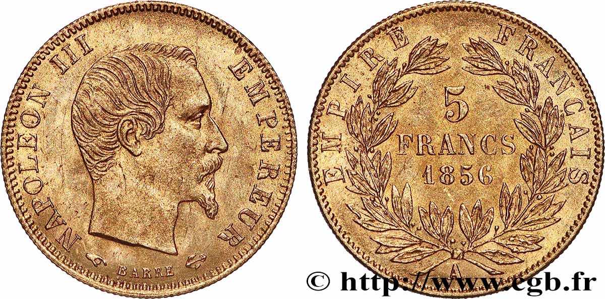 5 francs or Napoléon III, tête nue, grand module 1856 Paris F.501/2 MS 