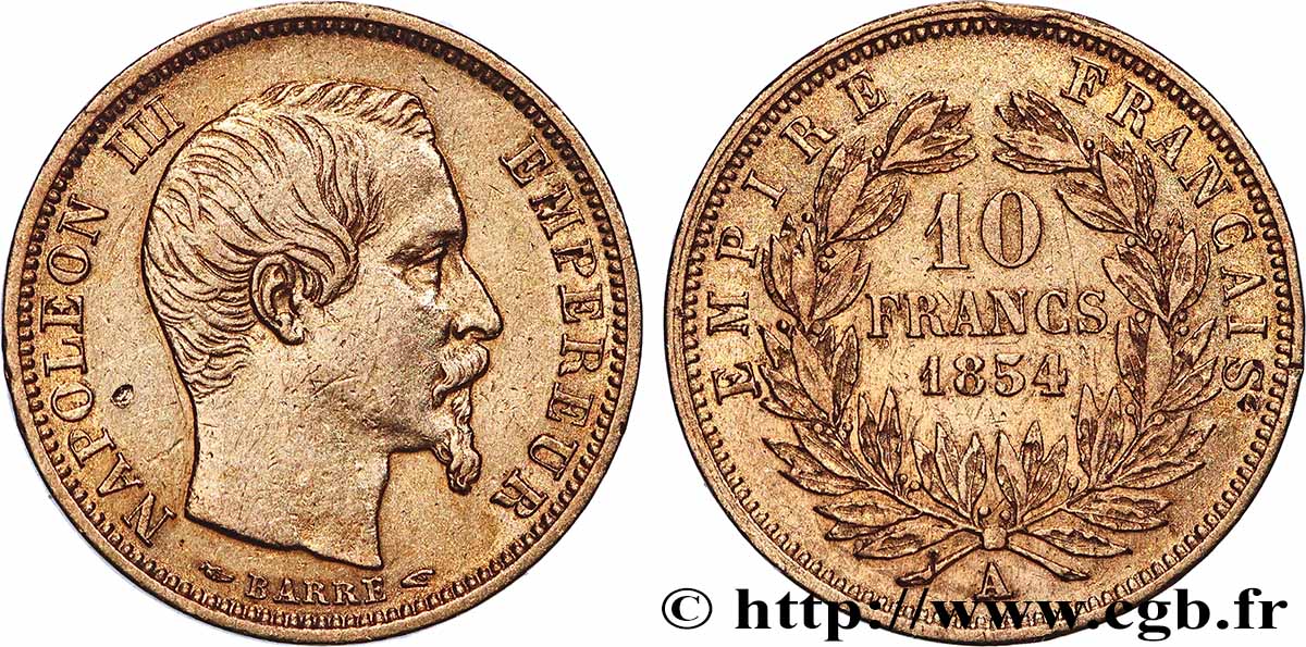 10 francs or Napoléon III, tête nue, petit module, tranche lisse 1854 Paris F.505/1 XF 