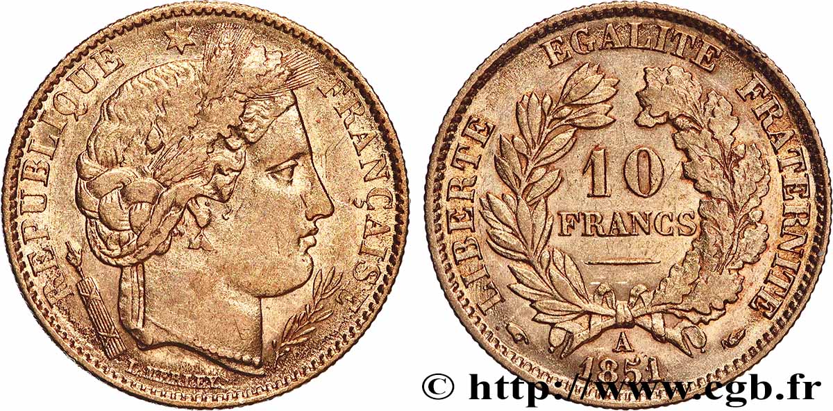 10 francs or Cérès, IIe République 1851 Paris F.504/3 AU 