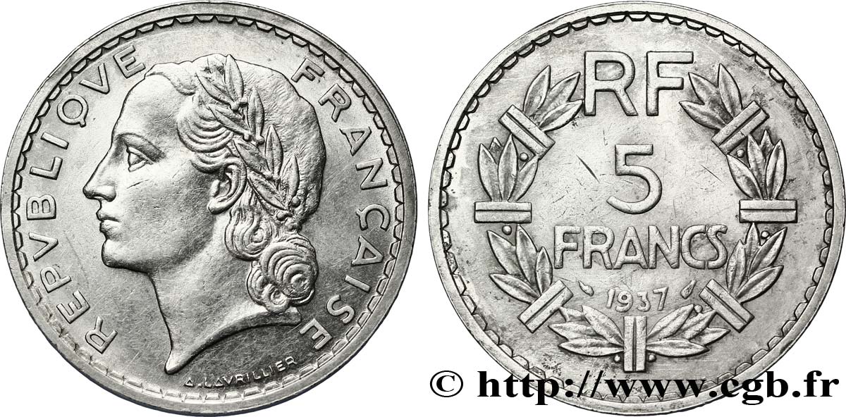 5 francs Lavrillier, nickel 1937  F.336/6 TTB53 