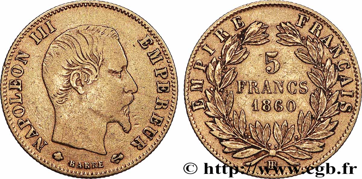 5 francs or Napoléon III tête nue, grand module 1860 Strasbourg F.501/13 VF 