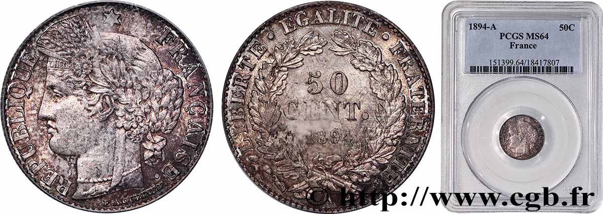 50 centimes Cérès, Troisième République 1894 Paris F.189/15 MS64 PCGS