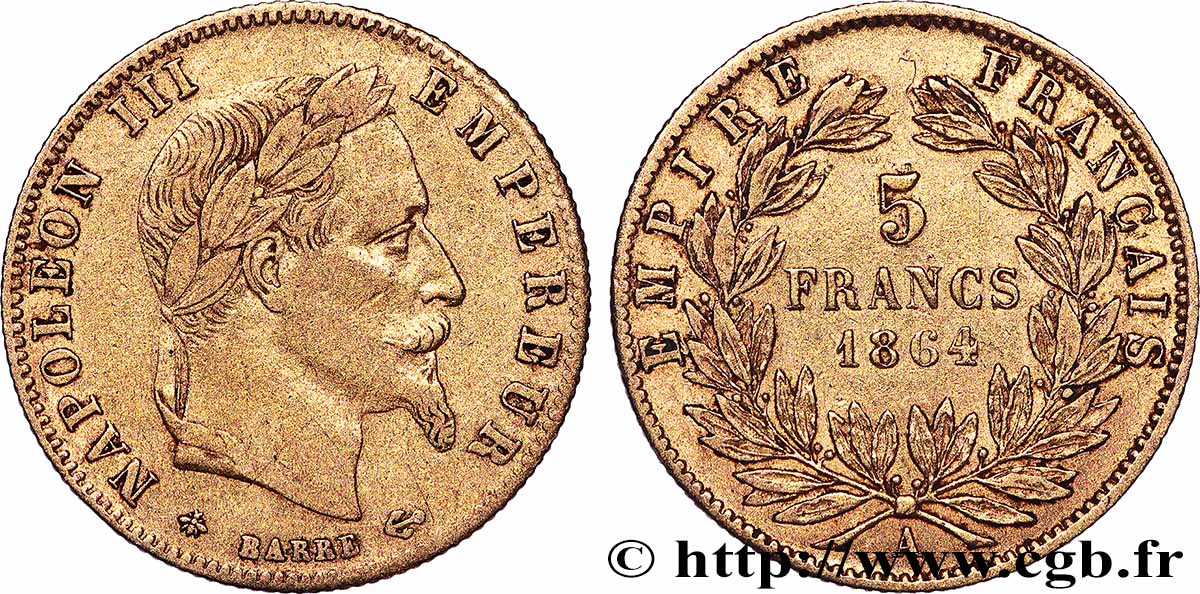 5 francs or Napoléon III, tête laurée 1864 Paris F.502/5 TTB 