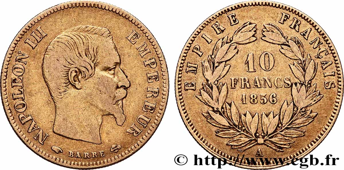 10 francs or Napoléon III, tête nue 1856 Paris F.506/3 VF 
