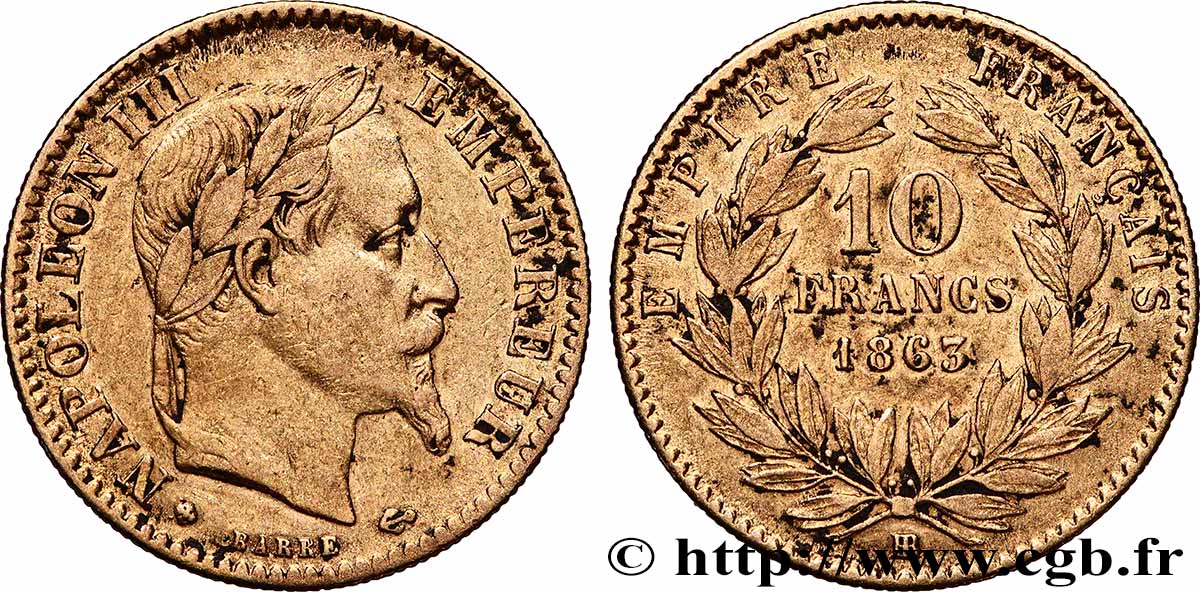 10 francs or Napoléon III, tête laurée, type définitif à grand 10 1863 Strasbourg F.507A/4 VF 