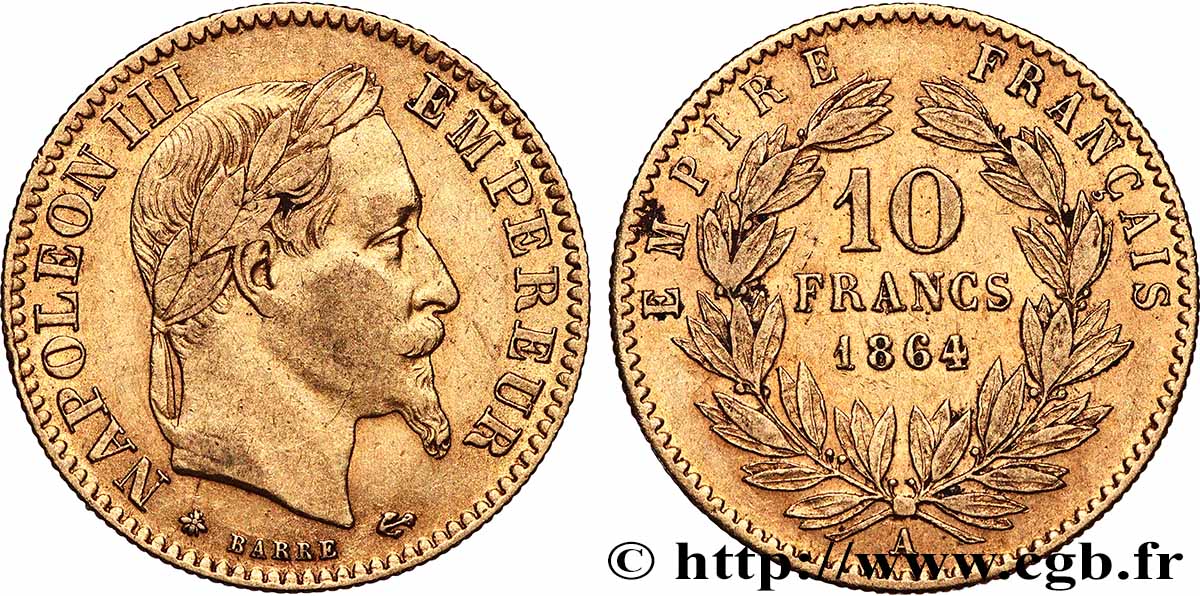10 francs or Napoléon III, tête laurée, type définitif à grand 10 1864 Paris F.507A/6 VF 