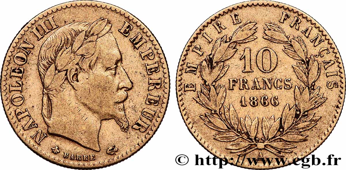 10 francs or Napoléon III, tête laurée 1866 Paris F.507A/12 S 